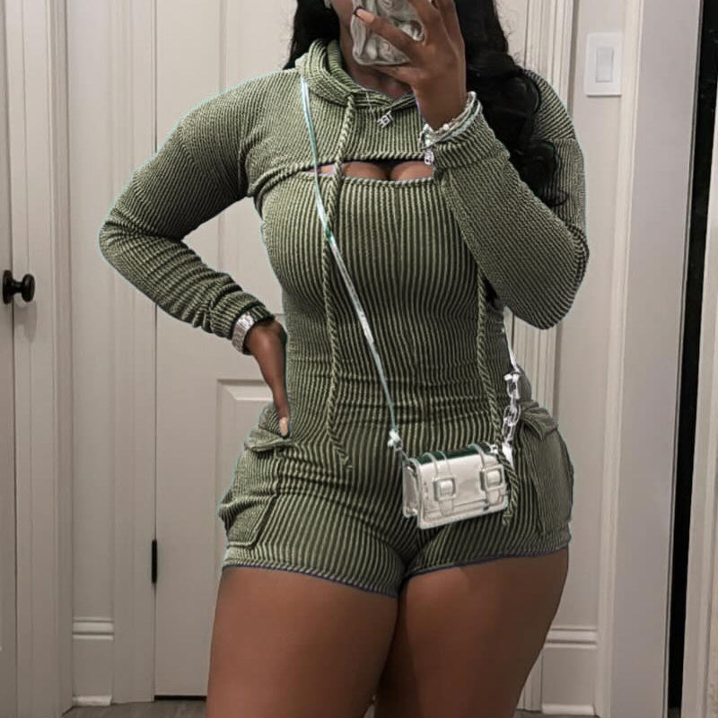 Ribbed Long Sleeve Hoodie Romper