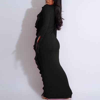 Solid Long Sleeve Ties Frilled Maxi Dress