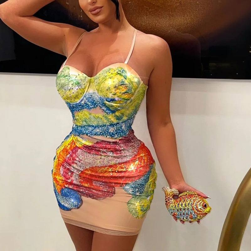 Colorful Rhinestone Spaghetti Strap Bodycon Dress