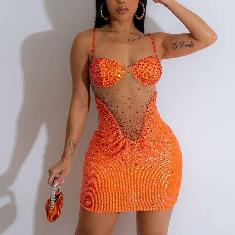 Sequin Sheer Mesh Spaghetti Strap Bodycon Dress