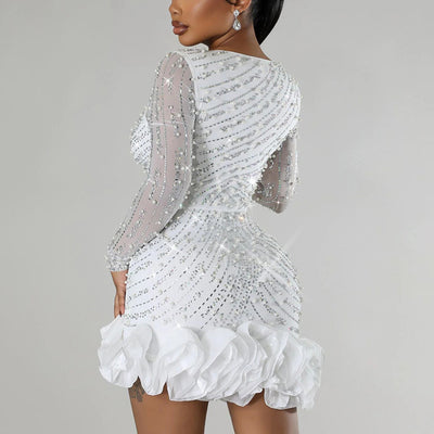 Rhinestone Sheer Mesh Sleeve Ruffle Hem Bodycon Dress