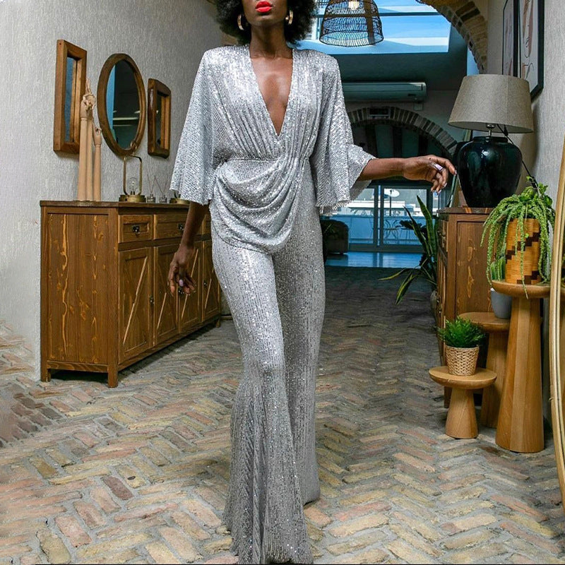 Sequins Deep V-Neck Wide Leg Jumpsuit