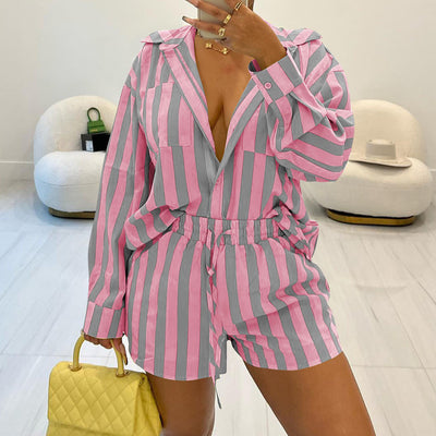 Striped Long Sleeve Blouse & Shorts Set