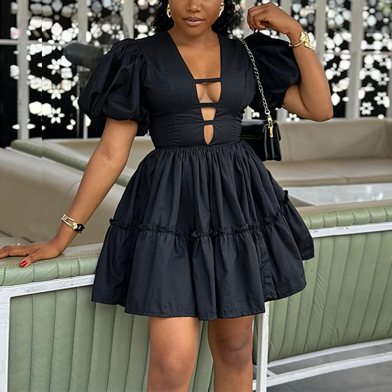 Solid Deep V-Neck Puff Sleeve Mini Dress