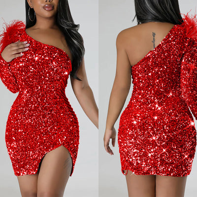 Sequin Oblique Shoulder Feather Design Bodycon Dress