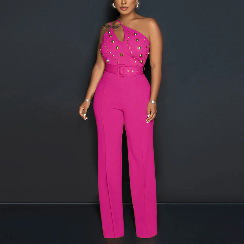 Solid Oblique Shoulder Studded Wide Leg Jumpsuit