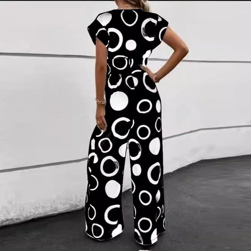 Geometric Print V-Neck Wide Leg Jumpsuit