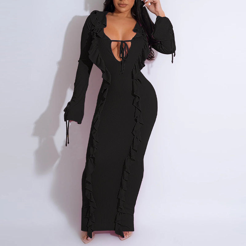 Solid Long Sleeve Ties Frilled Maxi Dress