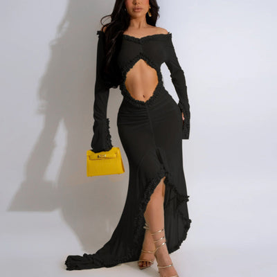 Solid Long Sleeve Cut Out Sheer Mesh Dress