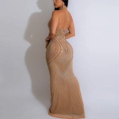 Rhinestone Halter Sheer Mesh Sleeveless Maxi Dress