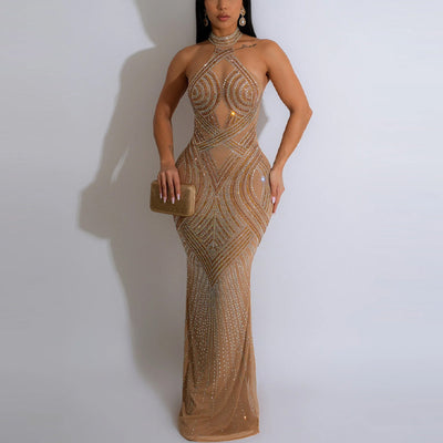 Rhinestone Halter Sheer Mesh Sleeveless Maxi Dress