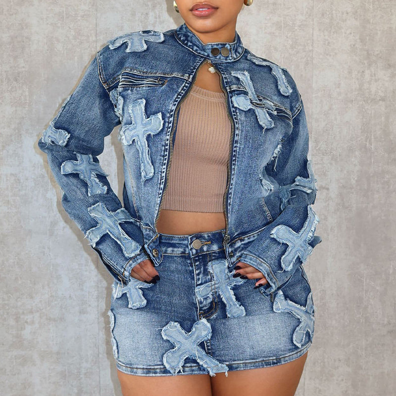 Casual Denim Crop Top & Skirt Set