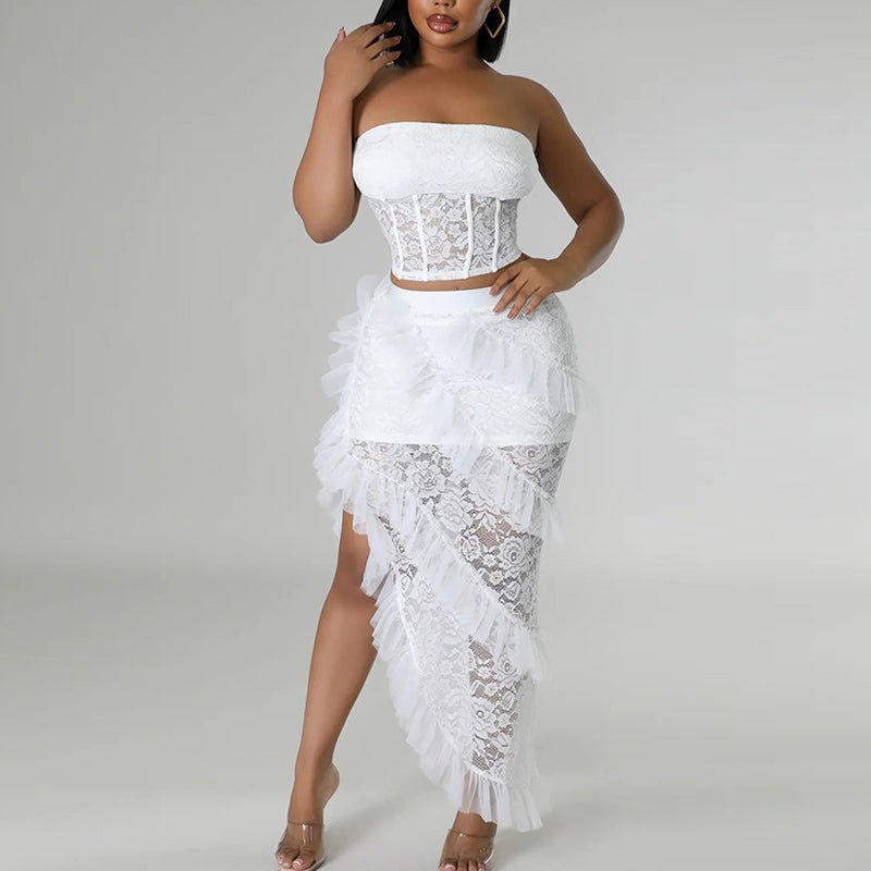 Lace Strapless Top Irregular Skirt 2 Piece Set