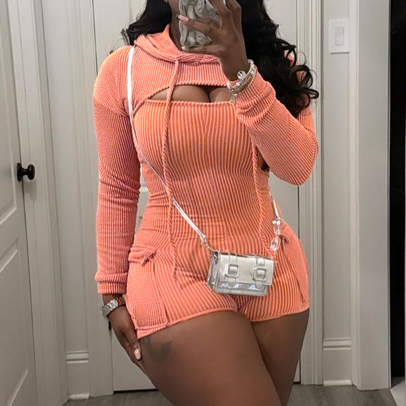 Ribbed Long Sleeve Hoodie Romper