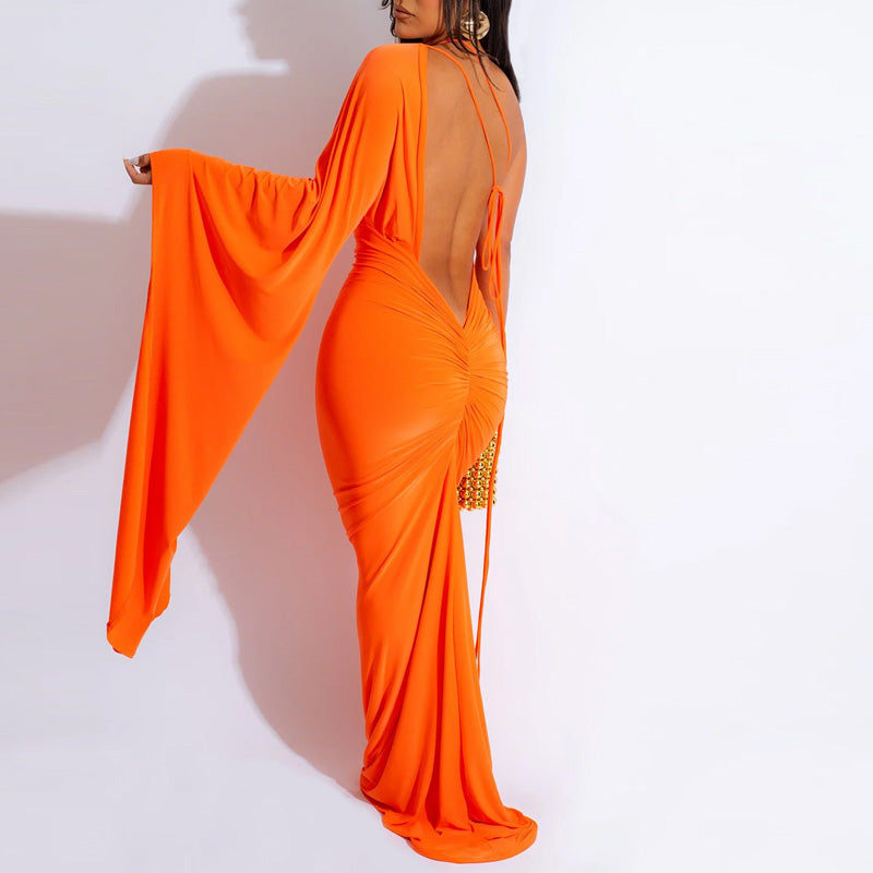 Solid Deep V-Neck Halter Backless Maxi Dress