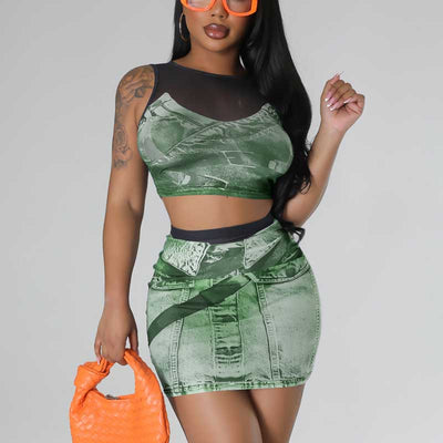 Print Sheer Mesh 2PCS Skirt Set