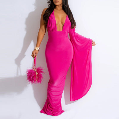 Solid Deep V-Neck Halter Backless Maxi Dress