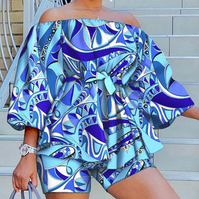 Colorful Print Off Shoulderr Top & Shorts Set