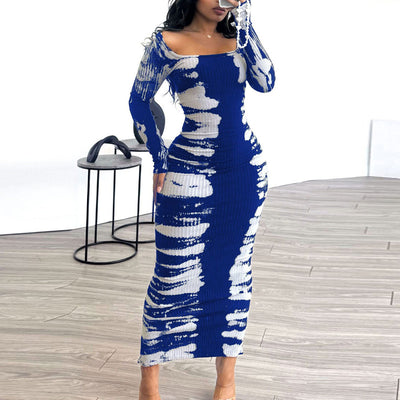 Print Square Neck Back Slit Dress