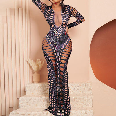 Rhinestone Long Sleeve Cut Out Maxi Dress