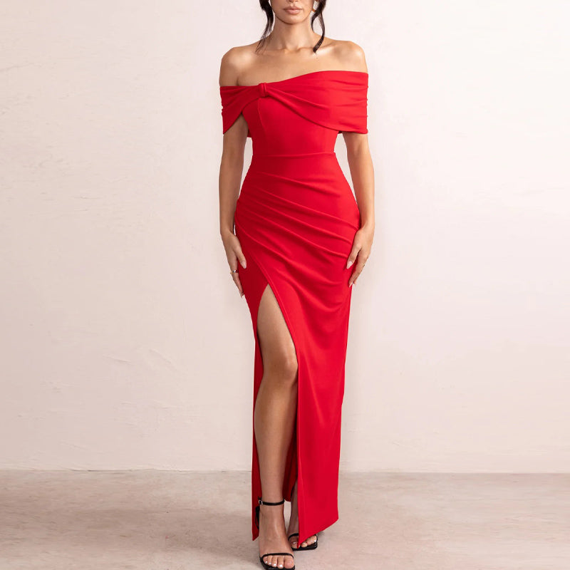 Bow Off Shoulder High Slit Maxi Dress