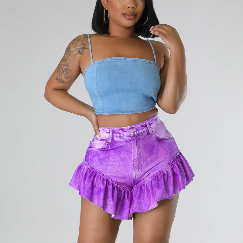 Solid High Waist Ruffle Hem Shorts