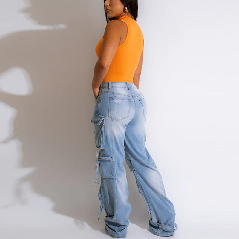 Vintage Pocket Design Cut Out Denim Pants