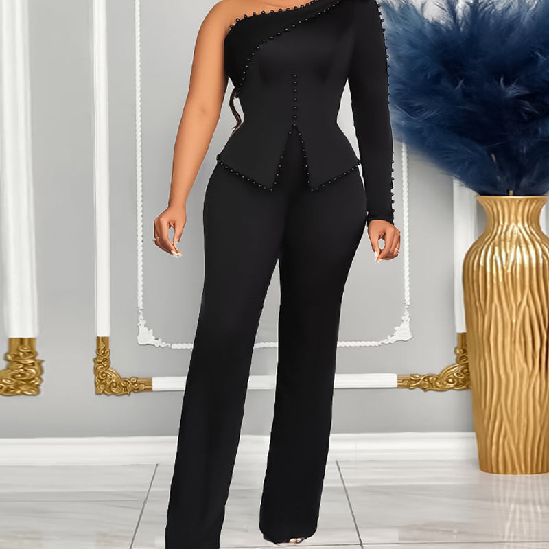 Elegant Oblique Shoulder Studded Jumpsuit