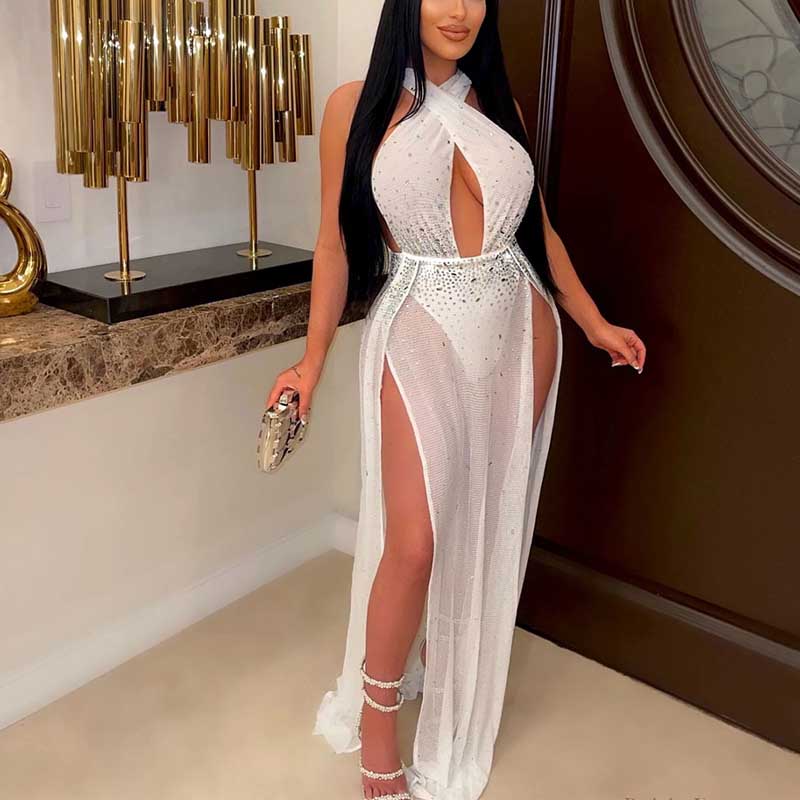 Rhinestone Halter Sheer Mesh High Slit Maxi Dress