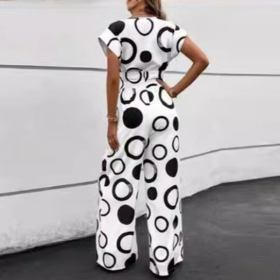 Geometric Print V-Neck Wide Leg Jumpsuit