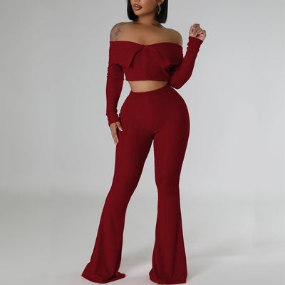 Solid Crop Top & Wide Leg Pants Set