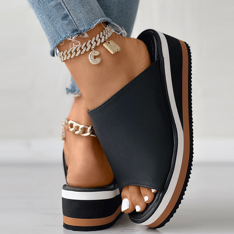 Contrast Paneled Peep Toe Wedge Slippers