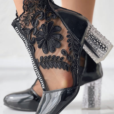 Floral Embroidery Clear Chunky Heel Boots