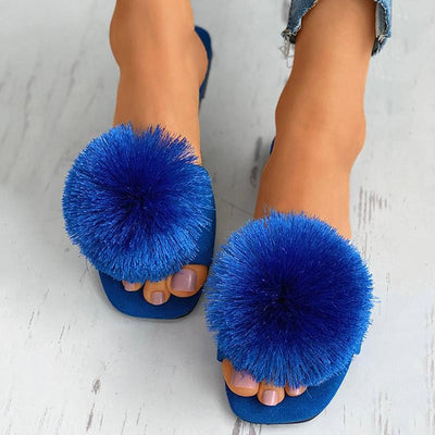 Fashion Hair Ball Solid Color Flat Sandals Slippers - Cherrybetty