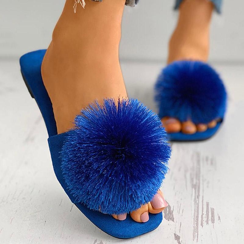 Fashion Hair Ball Solid Color Flat Sandals Slippers - Cherrybetty