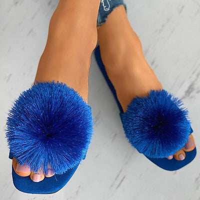 Fashion Hair Ball Solid Color Flat Sandals Slippers - Cherrybetty