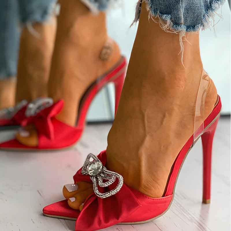 Studded Bowknot Decor Pointed Toe Stiletto Heels