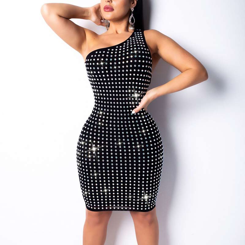 Rhinestone Sleeveless One Shoulder Bodycon Dress