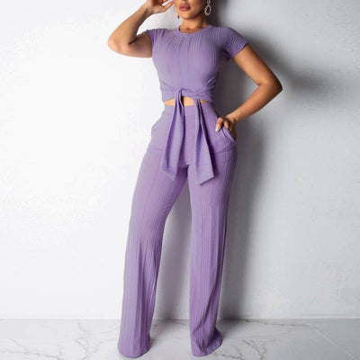 Solid Short Sleeve Tied Two Piece Set