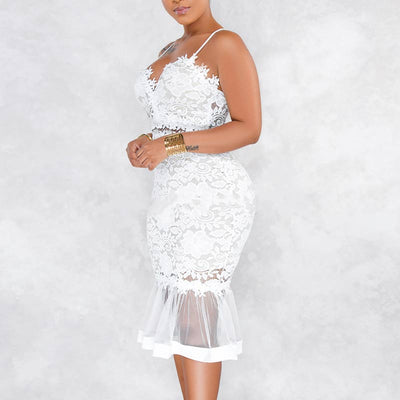 Floral Pattern Sleeveless Lace Sheer Mesh Fishtail Dress