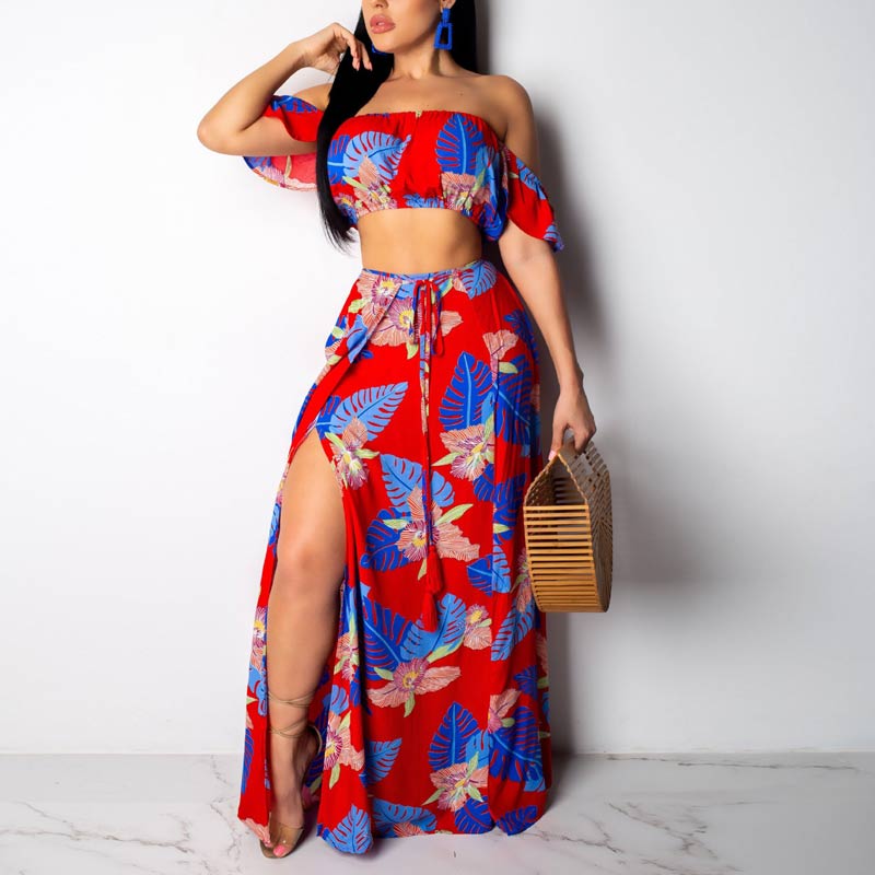 Off Shoulder Floral Print High Split 2 PCS Beach Dress