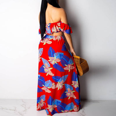 Off Shoulder Floral Print High Split 2 PCS Beach Dress