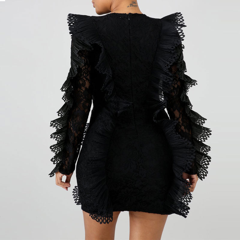 Solid Round Neck Long Sleeve Ruffle Design Lace Dress