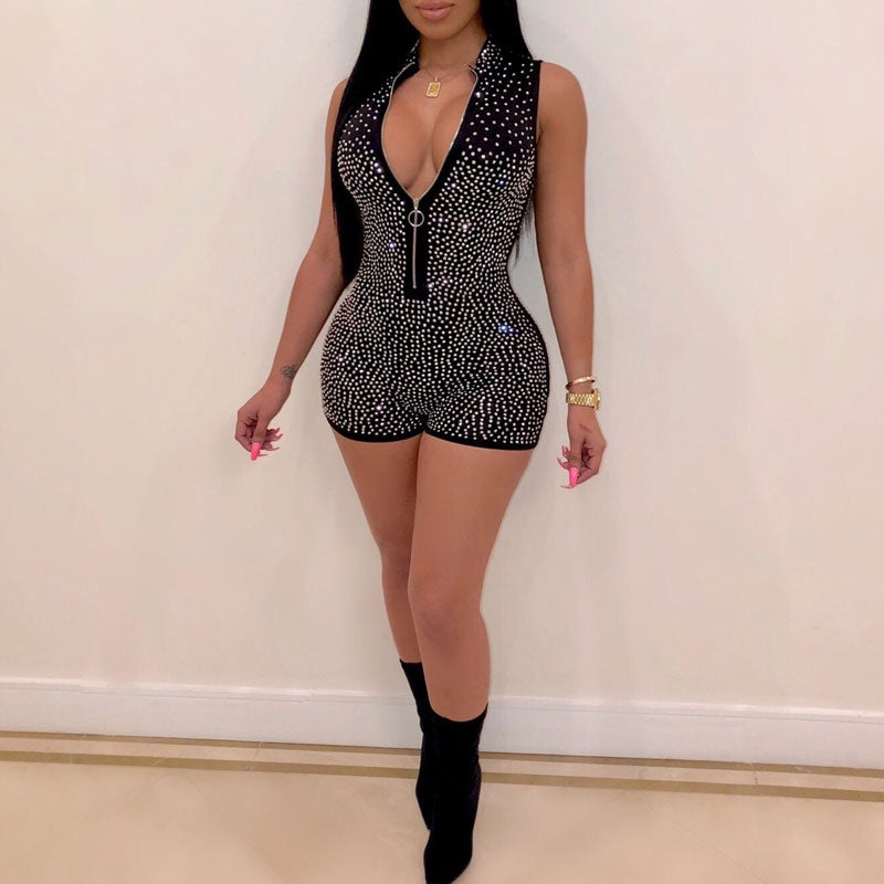 Rhinestone Sleeveless Zipper Design Romper