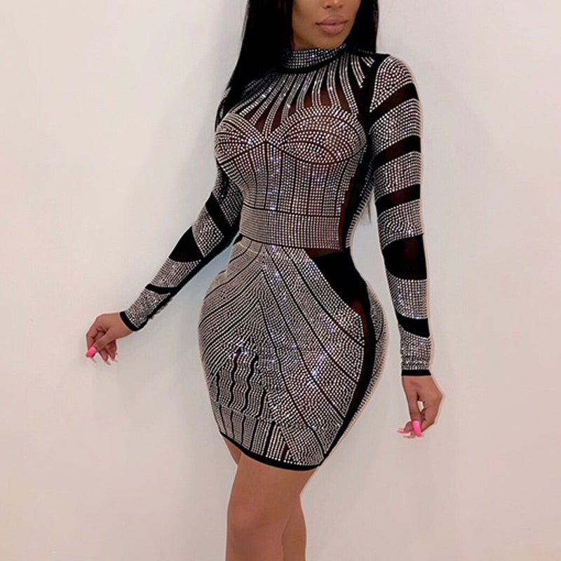 Sequins Sheer Mesh Patchwork Long Sleeve Bodycon Dress