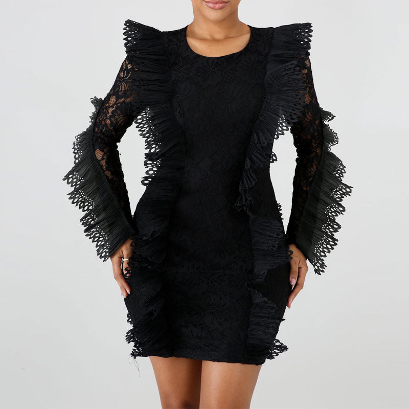 Solid Round Neck Long Sleeve Ruffle Design Lace Dress