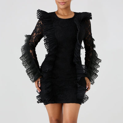 Lace Ruffles Long Sleeve Hollow Out Bodycon Party Dress