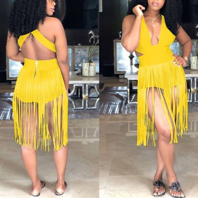 Solid Halter Sleeveless Tassel Design Romper