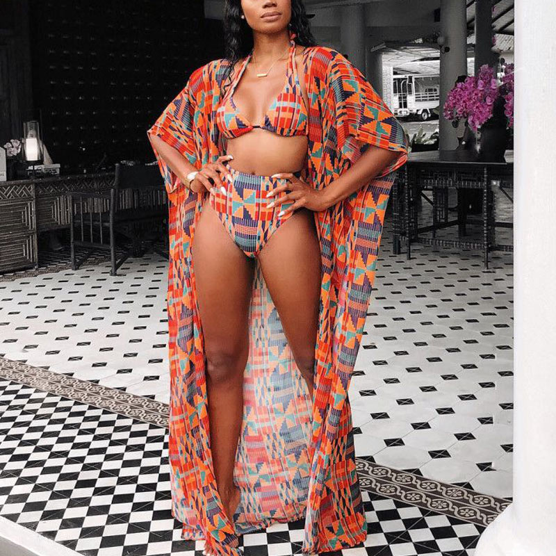 Geometric Print Long Sleeve Three Piece Swimsuit Set