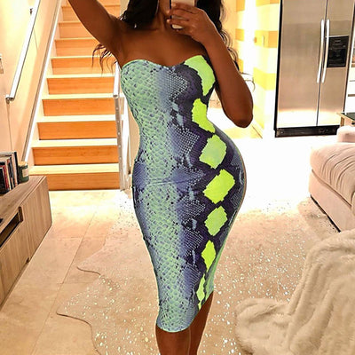 Snakeskin Pattern Off Shoulder Bodycon Dress